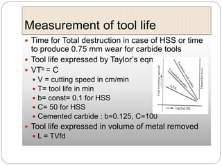 Measurement of tool life
 Time for Total destruction in case of HSS or time
to produce 0.75 mm wear for carbide tools
 Tool life expressed by Taylor’s eqn
 VTb = C
 V = cutting speed in cm/min
 T= tool life in min
 b= const= 0.1 for HSS
 C= 50 for HSS
 Cemented carbide : b=0.125, C=100
 Tool life expressed in volume of metal removed
 L = TVfd
 