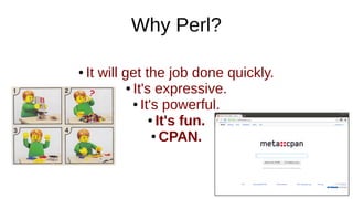 Why Perl?
● It will get the job done quickly.
● It's expressive.
● It's powerful.
● It's fun.
● CPAN.
 
