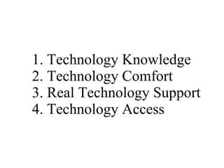1. Technology Knowledge 2. Technology Comfort 3. Real Technology Support 4. Technology Access 