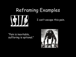 Reframing Examples I can’t escape this pain. “ Pain is inevitable, suffering is optional.” 