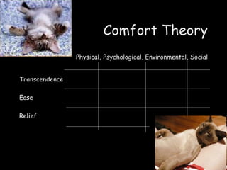 Comfort Theory Physical,   Psychological, Environmental, Social   Transcendence Ease Relief 
