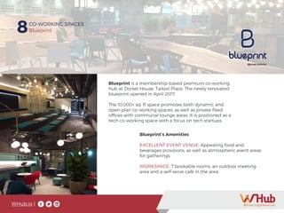 WHub.io |
8CO-WORKING SPACES
Blueprint
Blueprint is a membership-based premium co-working
hub at Dorset House, Taikoo Place. The newly renovated
blueprint opened in April 2017.
The 10,000+ sq. ft space promotes both dynamic and
open-plan co-working spaces, as well as private fixed
offices with communal lounge areas. It is positioned as a
tech co-working space with a focus on tech startups.
Blueprint’s Amenities
EXCELLENT EVENT VENUE: Appealing food and
beverages provisions, as well as atmospheric event areas
for gatherings.
WORKSPACE: 7 bookable rooms, an outdoor meeting
area and a self-serve café in the area.
 