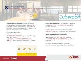 WHub.io |
8CO-WORKING SPACES
Paperclip Startup Campus & Smart-Space FinTech
Paperclip Startup Campus is a place which
combines a co-working space and a STARTUP
CAMPUS. It helps entrepreneurs to build their
networks, meet mentors, advisors, investors and
to learn the best business practices.
Paperclip’s Amenities
CONVENIENT LOCATION right beside Sheung
Wan MTR station.
A VARIETY OF DIFFERENT ROOMS AND
LAYOUTS available for entrepreneurs to connect.
Smart-Space FinTech is launched by Cyberport.
It is a 35,000 SQRT CO-WORKING SPACE for
FinTech startups.
It is a purpose-built collaborative space for
FINTECH STARTUPS, showcases, labs and events.
Smart-Space FinTech’s Amenities
Features an INFO LAB, FINTECH SERVICE
CORNERS AND TRAINING ROOMS for FinTech
start-ups.
Facilitate networking events, accelerator
programmes and knowledge sharing sessions.
 