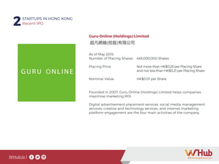 WHub.io |
2STARTUPS IN HONG KONG
Recent IPO
As of May 2015:
Number of Placing Shares:
Placing Price:
Nominal Value:
448,000,000 Shares
Not more than HK$0.25 per Placing Share
and not less than HK$0.21 per Placing Share
HK$0.01 per Share
Guru Online (Holdings) Limited
Founded in 2007, Guru Online (Holdings) Limited helps companies
maximise marketing ROI.
Digital advertisement placement services, social media management
services, creative and technology services, and internet marketing
platform engagement are the four main activities of the company.
 