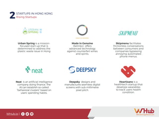 WHub.io |
2STARTUPS IN HONG KONG
Rising Startups
Deepsky designs and
manufactures seamless digital
screens with sub-millimetre
pixel pitch.
Urban Spring is a mission-
focused start-up that is
determined to address the
plastic waste issue in Hong
Neat is an artificial intelligence
company doing finance. The
AI can establish so-called
“behavioral clusters” based on
users’ spending habits.
Made in Genuine
(Selinko) offers
advanced technology
against counterfeit wines
and spirits.
Skipmenu facilitates
frictionless conversations
between consumers and
companies bypassing
annoying automated
phone menus.
Heartisans is a
healthtech startup that
develops wearables
to track users health
condition.
 