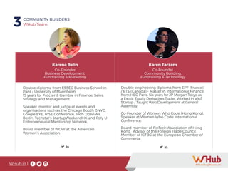 WHub.io |
Karena Belin
Co-Founder
Business Development,
Fundraising & Marketing
Karen Farzam
Co-Founder
Community Building,
Fundraising & Technology
Double diploma from ESSEC Business School in
Paris / University of Mannheim.
15 years for Procter & Gamble in Finance, Sales,
Strategy and Management.
Speaker, mentor and judge at events and
organisations such as the Chicago Booth GNVC,
Google EYE, RISE Conference, Tech Open Air
Berlin, Techstar’s StartupWeekendHK and Poly U
Entrepreneurial Mentorship Network.
Board member of WOW at the American
Women’s Association.
Double engineering diploma from EPF (France)
/ ETS (Canada) - Master in International Finance
from HEC Paris. Six years for JP Morgan Tokyo as
a Exotic Equity Derivatives Trader. Worked in a IoT
Startup / Taught Web Development at General
Assembly.
Co-Founder of Women Who Code (Hong Kong).
Speaker at Women Who Code International
Conference.
Board member of FinTech Association of Hong
Kong. Advisor of the Foreign Trade Council.
Member of ICTBC at the European Chamber of
Commerce.
3COMMUNITY BUILDERS
WHub Team
 