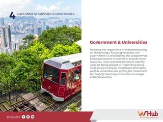 WHub.io |
4GOVERNMENT SUPPORT & UNIVERSITIES
Realising the importance of entrepreneurship
on Hong Kong’s future generations, the
government is consolidating the programmes
and organisations it controls to provide more
resources, more activities and more visibility.
Laws are being passed to make Hong Kong
more prone to foreign investment and talent,
such as universities are joining the movement
by creating new programmes to encourage
entrepreneurship.
Government & Universities
 