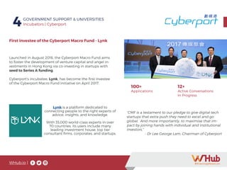 WHub.io |
4GOVERNMENT SUPPORT & UNIVERSITIES
Incubators | Cyberport
First investee of the Cyberport Macro Fund - Lynk
Launched in August 2016, the Cyberport Macro Fund aims
to foster the development of venture capital and angel in-
vestments in Hong Kong via co-investing in startups with
seed to Series A funding.
Cyberport’s incubatee, Lynk, has become the first investee
of the Cyberport Macro Fund initiative on April 2017.
Lynk is a platform dedicated to
connecting people to the right experts of
advice, insights, and knowledge.
With 35,000 world-class experts in over
70 countries, its users include many
leading investment house, top tier
consultant firms, corporates, and startups.
100+
Applications
12+
Active Conversations
In Progress
“CMF is a testament to our pledge to give digital tech
startups that extra push they need to excel and go
global. And more importantly, to maximise that im-
pact by joining hands with individual and institutional
investors,”
		 - Dr Lee George Lam, Chairman of Cyberport
 