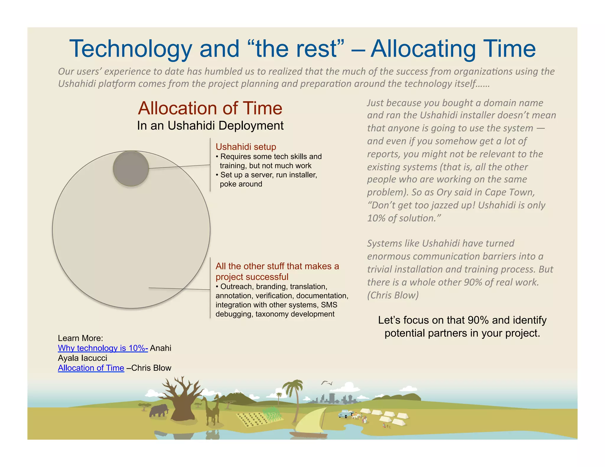 Technology and “the rest” – Allocating Time
Our	
  users’	
  experience	
  to	
  date	
  has	
  humbled	
  us	
  to	
  realized	
  that	
  the	
  much	
  of	
  the	
  success	
  from	
  organizaFons	
  using	
  the	
  
Ushahidi	
  plaAorm	
  comes	
  from	
  the	
  project	
  planning	
  and	
  preparaFon	
  around	
  the	
  technology	
  itself……	
  
                                                                                                           Just	
  because	
  you	
  bought	
  a	
  domain	
  name	
  
                           Allocation of Time                                                              and	
  ran	
  the	
  Ushahidi	
  installer	
  doesn’t	
  mean	
  
                           In an Ushahidi Deployment                                                       that	
  anyone	
  is	
  going	
  to	
  use	
  the	
  system	
  —	
  
                                                                                                           and	
  even	
  if	
  you	
  somehow	
  get	
  a	
  lot	
  of	
  
                                                      Ushahidi setup
                                                      • Requires some tech skills and                      reports,	
  you	
  might	
  not	
  be	
  relevant	
  to	
  the	
  
                                                        training, but not much work                        exisFng	
  systems	
  (that	
  is,	
  all	
  the	
  other	
  
                                                      • Set up a server, run installer,
                                                        poke around
                                                                                                           people	
  who	
  are	
  working	
  on	
  the	
  same	
  
                                                                                                           problem).	
  So	
  as	
  Ory	
  said	
  in	
  Cape	
  Town,	
  
                                                                                                           “Don’t	
  get	
  too	
  jazzed	
  up!	
  Ushahidi	
  is	
  only	
  
                                                                                                           10%	
  of	
  soluFon.”	
  
                                                                                                           	
  
                                                                                                           Systems	
  like	
  Ushahidi	
  have	
  turned	
  
                                                                                                           enormous	
  communicaFon	
  barriers	
  into	
  a	
  
                                                      All the other stuff that makes a                     trivial	
  installaFon	
  and	
  training	
  process.	
  But	
  
                                                      project successful
                                                      • Outreach, branding, translation,                   there	
  is	
  a	
  whole	
  other	
  90%	
  of	
  real	
  work.	
  
                                                      annotation, verification, documentation,             (Chris	
  Blow)	
  	
  
                                                      integration with other systems, SMS                  	
  
                                                      debugging, taxonomy development
                                                                                                                Let’s focus on that 90% and identify
Learn More:
                                                                                                                 potential partners in your project.
Why technology is 10%- Anahi                                                                               	
  
Ayala Iacucci                                                                                              	
  
Allocation of Time –Chris Blow
 