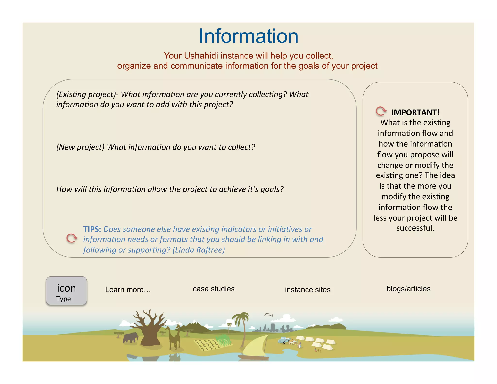 Information
                                     Your Ushahidi instance will help you collect,
                          organize and communicate information for the goals of your project


(ExisFng	
  project)-­‐	
  What	
  informaFon	
  are	
  you	
  currently	
  collecFng?	
  What	
  
informaFon	
  do	
  you	
  want	
  to	
  add	
  with	
  this	
  project?	
  
	
                                                                                                                                    IMPORTANT!	
  
	
                                                                                                                              What	
  is	
  the	
  exis(ng	
  
	
                                                                                                                            informa(on	
  ﬂow	
  and	
  
(New	
  project)	
  What	
  informaFon	
  do	
  you	
  want	
  to	
  collect?	
  	
                                           how	
  the	
  informa(on	
  
	
                                                                                                                           ﬂow	
  you	
  propose	
  will	
  
	
                                                                                                                           change	
  or	
  modify	
  the	
  
	
                                                                                                                           exis(ng	
  one?	
  The	
  idea	
  
How	
  will	
  this	
  informaFon	
  allow	
  the	
  project	
  to	
  achieve	
  it’s	
  goals?	
                              is	
  that	
  the	
  more	
  you	
  
	
                                                                                                                              modify	
  the	
  exis(ng	
  
	
                                                                                                                            informa(on	
  ﬂow	
  the	
  
	
                                                                                                                          less	
  your	
  project	
  will	
  be	
  
	
                TIPS:	
  Does	
  someone	
  else	
  have	
  exisFng	
  indicators	
  or	
  iniFaFves	
  or	
                         successful.	
  	
  
	
                informaFon	
  needs	
  or	
  formats	
  that	
  you	
  should	
  be	
  linking	
  in	
  with	
  and	
  
	
                following	
  or	
  supporFng?	
  (Linda	
  Radree)	
  
         	
  	
  
	
  
	
  
  icon	
  	
               Learn more…                        case studies                           instance sites               blogs/articles
	
  	
  
Type	
  
	
  
	
  
	
  	
  
 