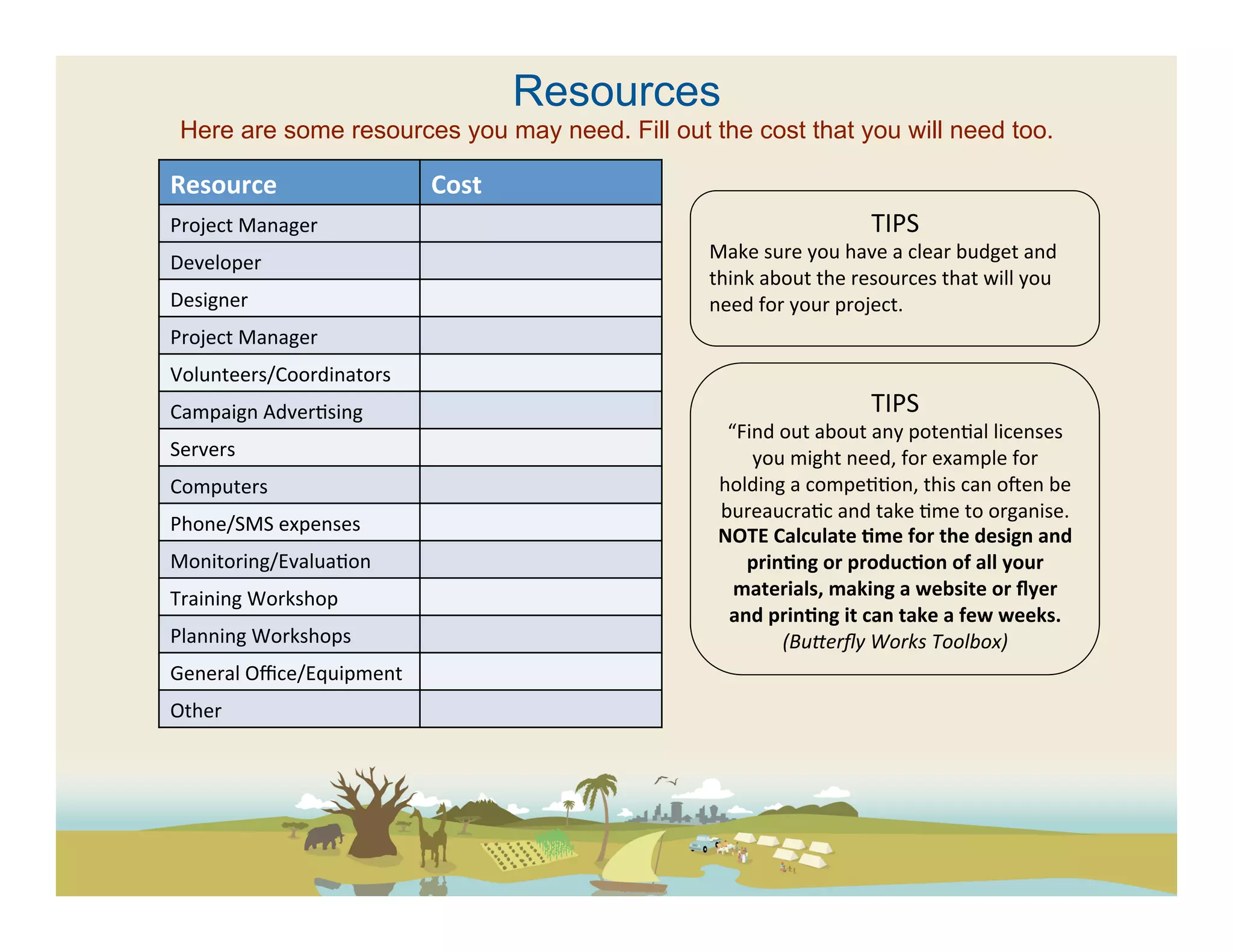 Resources
 Here are some resources you may need. Fill out the cost that you will need too.

Resource	
                      Cost	
  
Project	
  Manager	
                                                           TIPS	
  
                                                   Make	
  sure	
  you	
  have	
  a	
  clear	
  budget	
  and	
  
Developer	
  
                                                   think	
  about	
  the	
  resources	
  that	
  will	
  you	
  
Designer	
                                         need	
  for	
  your	
  project.	
  	
  
Project	
  Manager	
  
Volunteers/Coordinators	
  
Campaign	
  Adver(sing	
                                                       TIPS	
  
                                                     “Find	
  out	
  about	
  any	
  poten(al	
  licenses	
  
Servers	
                                               you	
  might	
  need,	
  for	
  example	
  for	
  
Computers	
                                         holding	
  a	
  compe((on,	
  this	
  can	
  ocen	
  be	
  
                                                    bureaucra(c	
  and	
  take	
  (me	
  to	
  organise.	
  
Phone/SMS	
  expenses	
  
                                                    NOTE	
  Calculate	
  ?me	
  for	
  the	
  design	
  and	
  
Monitoring/Evalua(on	
                                 prin?ng	
  or	
  produc?on	
  of	
  all	
  your	
  
Training	
  Workshop	
                                materials,	
  making	
  a	
  website	
  or	
  ﬂyer	
  
                                                     and	
  prin?ng	
  it	
  can	
  take	
  a	
  few	
  weeks.	
  
Planning	
  Workshops	
                                       (Buferﬂy	
  Works	
  Toolbox)	
  	
  	
  
General	
  Oﬃce/Equipment	
  
Other	
  
 
