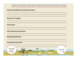 Below	
  is	
  informa(on	
  about	
  your	
  project	
  that	
  you	
  entered	
  in	
  the	
  ﬁrst	
  toolbox	
  
               (On	
  the	
  online	
  tool,	
  what	
  you	
  have	
  ﬁlled	
  out	
  in	
  the	
  previous	
  panels	
  will	
  automaFcally	
  show	
  up	
  here!)	
  

Project	
  Goal/Objec?ves/an?cipated	
  impact	
  
_____________________________________________________________________________	
  
_____________________________________________________________________________	
  
_____________________________________________________________________________	
  
	
  

Reasons	
  for	
  mapping	
  
_____________________________________________________________________________	
  
_____________________________________________________________________________	
  
	
  

Partnerships	
  
_____________________________________________________________________________	
  
_____________________________________________________________________________	
  
	
  

Informa?on/Communica?on	
  
_____________________________________________________________________________	
  
_____________________________________________________________________________	
  
Marke?ng	
  Media	
  Plan	
  	
  
_____________________________________________________________________________	
  
_____________________________________________________________________________	
  
Technology	
  Assessment	
  
_____________________________________________________________________________	
  
_____________________________________________________________________________	
  
	
   I	
  would	
  like	
  
        to	
  make	
                                                                                                                             Let’s	
  move	
  
       changes…..	
  	
                                                                                                                              on!	
  	
  
 