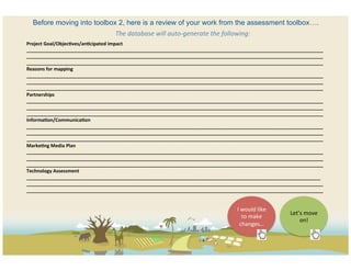 Before moving into toolbox 2, here is a review of your work from the assessment toolbox….
                                           The	
  database	
  will	
  auto-­‐generate	
  the	
  following:	
  
Project	
  Goal/Objec/ves/an/cipated	
  impact	
                           	
  
________________________________________________________________________________________________________________	
  
________________________________________________________________________________________________________________	
  
________________________________________________________________________________________________________________	
  
Reasons	
  for	
  mapping	
  
________________________________________________________________________________________________________________	
  
________________________________________________________________________________________________________________	
  
________________________________________________________________________________________________________________	
  
Partnerships	
  
________________________________________________________________________________________________________________	
  
________________________________________________________________________________________________________________	
  
________________________________________________________________________________________________________________	
  
Informa/on/Communica/on	
  
________________________________________________________________________________________________________________	
  
________________________________________________________________________________________________________________	
  
________________________________________________________________________________________________________________	
  
Marke/ng	
  Media	
  Plan	
  	
  
________________________________________________________________________________________________________________	
  
________________________________________________________________________________________________________________	
  
________________________________________________________________________________________________________________	
  
Technology	
  Assessment	
  	
  
_______________________________________________________________________________________________________________	
  
________________________________________________________________________________________________________________	
  
________________________________________________________________________________________________________________	
  


                                                                                                      I	
  would	
  like	
  
                                                                                                                               Let’s	
  move	
  
                                                                                                           to	
  make	
  
                                                                                                                                   on!	
  	
  
                                                                                                        changes…	
  	
  
 