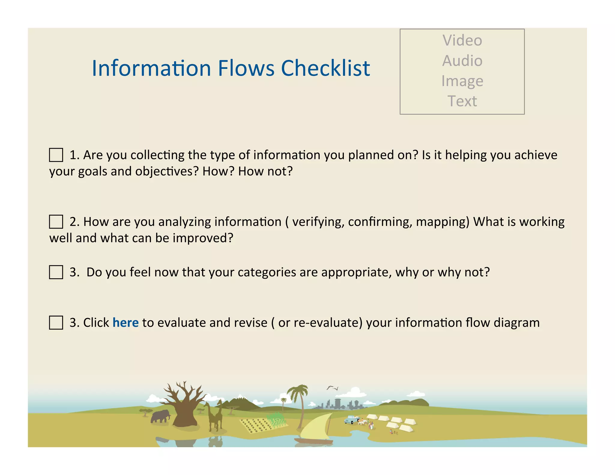 Video	
  
                                                                                                                 Audio	
  
            Informa-on	
  Flows	
  Checklist	
                                                                   Image	
  
                                                                                                                  Text	
  


 	
  	
  1.	
  Are	
  you	
  collec-ng	
  the	
  type	
  of	
  informa-on	
  you	
  planned	
  on?	
  Is	
  it	
  helping	
  you	
  achieve	
  
your	
  goals	
  and	
  objec-ves?	
  How?	
  How	
  not?	
  

	
  	
  	
  
 	
  	
  2.	
  How	
  are	
  you	
  analyzing	
  informa-on	
  (	
  verifying,	
  conﬁrming,	
  mapping)	
  What	
  is	
  working	
  
well	
  and	
  what	
  can	
  be	
  improved?	
  

 	
  	
  3.	
  	
  Do	
  you	
  feel	
  now	
  that	
  your	
  categories	
  are	
  appropriate,	
  why	
  or	
  why	
  not?	
  

	
  	
  	
  
 	
  	
  3.	
  Click	
  here	
  to	
  evaluate	
  and	
  revise	
  (	
  or	
  re-­‐evaluate)	
  your	
  informa-on	
  ﬂow	
  diagram	
  	
  
	
  
 