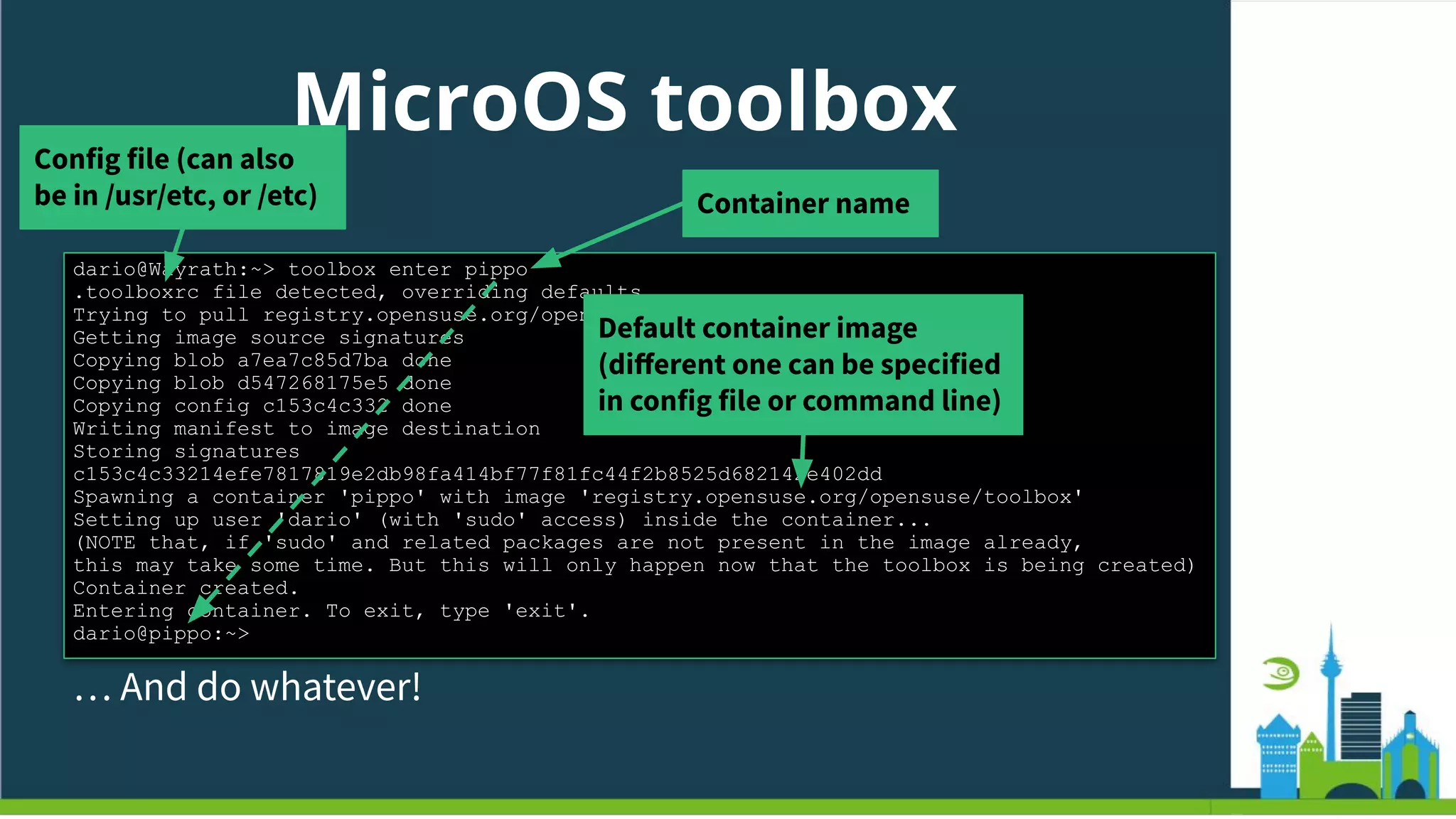 MicroOS toolbox
Just enter…
dario@Wayrath:~> toolbox enter pippo
.toolboxrc file detected, overriding defaults...
Trying to pull registry.opensuse.org/opensuse/toolbox:latest...
Getting image source signatures
Copying blob a7ea7c85d7ba done
Copying blob d547268175e5 done
Copying config c153c4c332 done
Writing manifest to image destination
Storing signatures
c153c4c33214efe7817819e2db98fa414bf77f81fc44f2b8525d682142e402dd
Spawning a container 'pippo' with image 'registry.opensuse.org/opensuse/toolbox'
Setting up user 'dario' (with 'sudo' access) inside the container...
(NOTE that, if 'sudo' and related packages are not present in the image already,
this may take some time. But this will only happen now that the toolbox is being created)
Container created.
Entering container. To exit, type 'exit'.
dario@pippo:~>
… And do whatever!
Container name
Config file (can also
be in /usr/etc, or /etc)
Default container image
(diﬀerent one can be specified
in config file or command line)
 