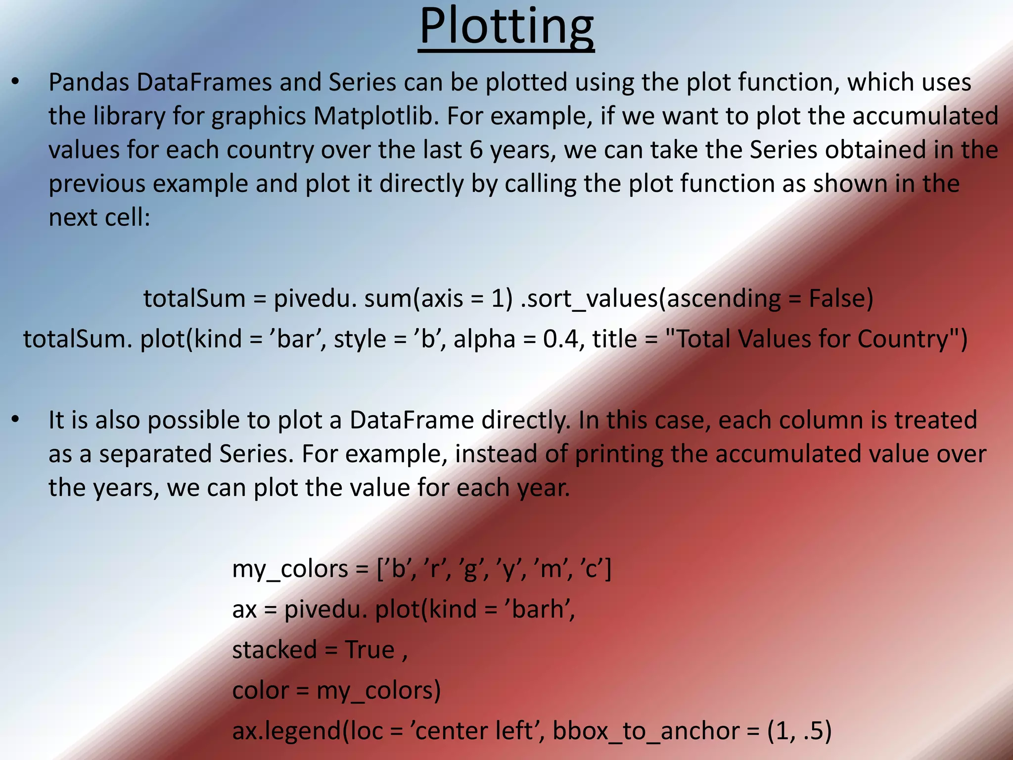 Plotting
• Pandas DataFrames and Series can be plotted using the plot function, which uses
the library for graphics Matplotlib. For example, if we want to plot the accumulated
values for each country over the last 6 years, we can take the Series obtained in the
previous example and plot it directly by calling the plot function as shown in the
next cell:
totalSum = pivedu. sum(axis = 1) .sort_values(ascending = False)
totalSum. plot(kind = ’bar’, style = ’b’, alpha = 0.4, title = "Total Values for Country")
• It is also possible to plot a DataFrame directly. In this case, each column is treated
as a separated Series. For example, instead of printing the accumulated value over
the years, we can plot the value for each year.
my_colors = [’b’, ’r’, ’g’, ’y’, ’m’, ’c’]
ax = pivedu. plot(kind = ’barh’,
stacked = True ,
color = my_colors)
ax.legend(loc = ’center left’, bbox_to_anchor = (1, .5)
 