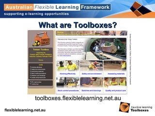flexiblelearning.net.au
What are Toolboxes?What are Toolboxes?
ScreenshotofCarpentryToolbox.©AustralianFlexibleLearningFramework
toolboxes.flexiblelearning.net.au
 