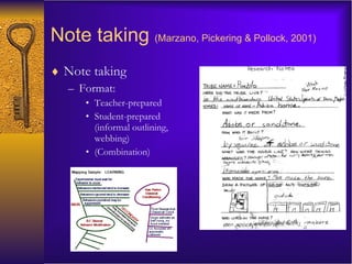 Note taking   (Marzano, Pickering & Pollock, 2001) Note taking Format: Teacher-prepared Student-prepared (informal outlining, webbing) (Combination) 