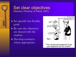 Set clear objectives  (Marzano, Pickering, & Pollock, 2001) Set specific but flexible goals Be sure the objectives are shared with the student. Develop contracts where appropriate. 