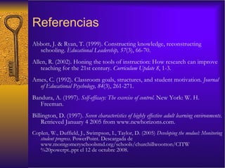Referencias Abbott, J. & Ryan, T. (1999). Constructing knowledge, reconstructing schooling.  Educational Leadership, 57 (3), 66-70.  Allen, R. (2002). Honing the tools of instruction: How research can improve teaching for the 21st century.  Curriculum Update 8 , 1-3.  Ames, C. (1992). Classroom goals, structures, and student motivation.  Journal of Educational Psychology, 84 (3), 261-271.  Bandura, A. (1997).  Self-efficacy: The exercise of control.  New York: W. H. Freeman.   Billington, D. (1997).  Seven characteristics of highly effective adult learning environments . Retrieved January 4 2005 from www.newhorizons.com. Coplen, W., Duffield, J., Swimpson, I., Taylor, D. (2005)  Developing the moduel: Monitoring student progress . PowerPoint. Descargada de www.montgomeryschoolsmd.org/schools/churchillwootton/CITW%20powerpt..ppt el 12 de octubre 2008. 