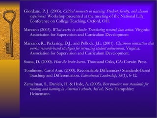 Giordano, P. J. (2003).  Critical moments in learning: Student, faculty, and alumni experiences.  Workshop presented at the meeting of the National Lilly Conference on College Teaching, Oxford, OH.  Marzano (2003).  What works in schools: Translating research into action.  Virginia: Association for Supervision and Curriculum Development Marzano, R., Pickering, D.J., and Pollock, J.E. (2001).  Classroom instruction that works: research-based strategies for increasing student achievement.  Virginia: Association for Supervision and Curriculum Development. Sousa, D. (2000).  How the brain learns . Thousand Oaks, CA: Corwin Press. Tomlinson, Carol Ann. (2000). Reconcilable Differences? Standards-Based Teaching and Differentiation.  Educational Leadership, 58 (1), 6-12.  Zemelman, S., Daniels, H. & Hyde, A. (2005).  Best practice: new standards for teaching and learning in America’s schools, 3rd ed..  New Hampshire: Heinemann. 