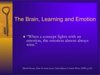 The Brain, Learning and Emotion “ When a concept fights with an emotion, the emotion almost always wins .” David Sousa,  How the brain learns , 2nd edition, Corwin Press (2000, p.53) 