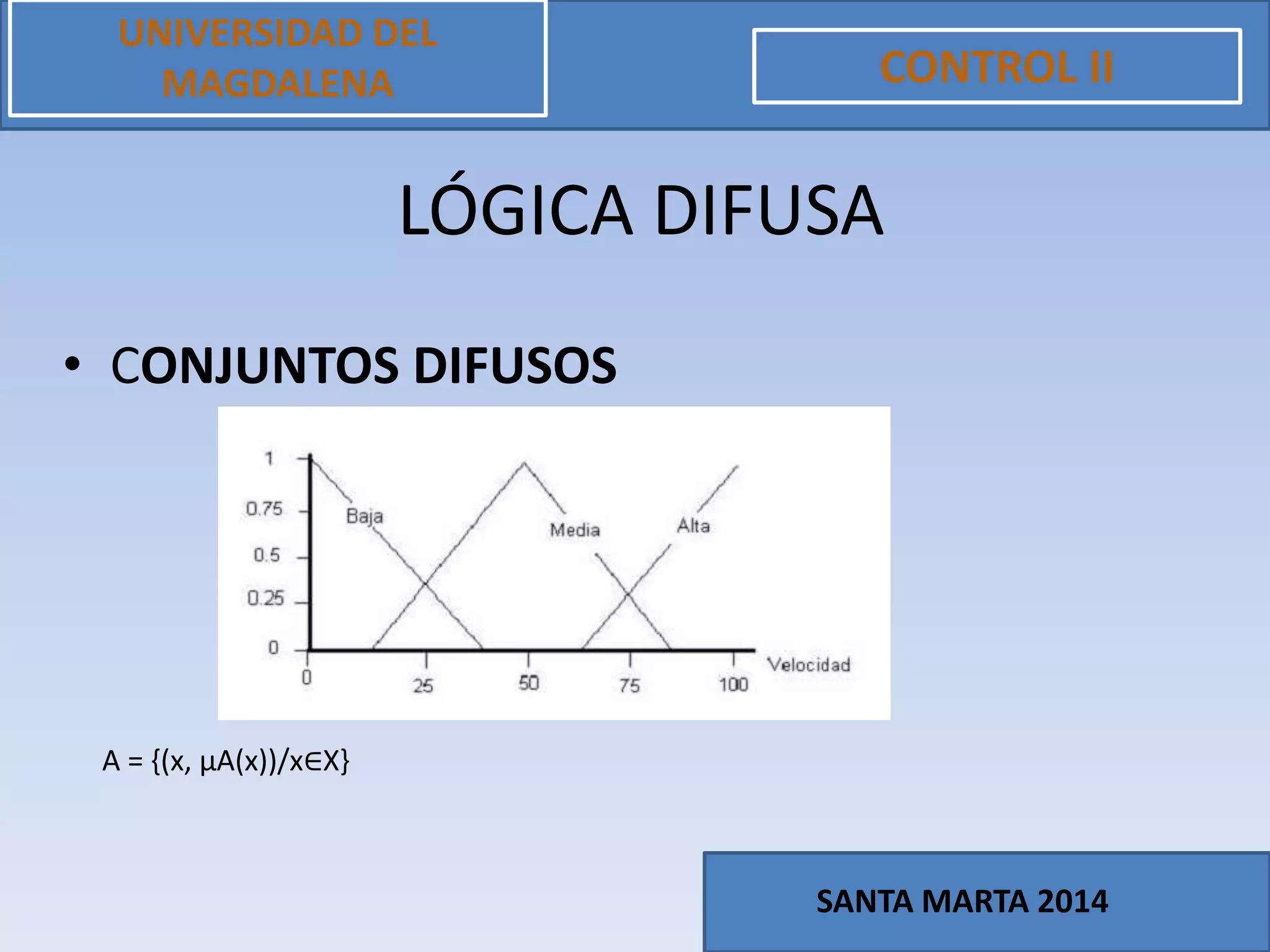 LÓGICA DIFUSA
• CONJUNTOS DIFUSOS
UNIVERSIDAD DEL
MAGDALENA CONTROL II
SANTA MARTA 2014
A = {(x, µA(x))/x∈X}
 