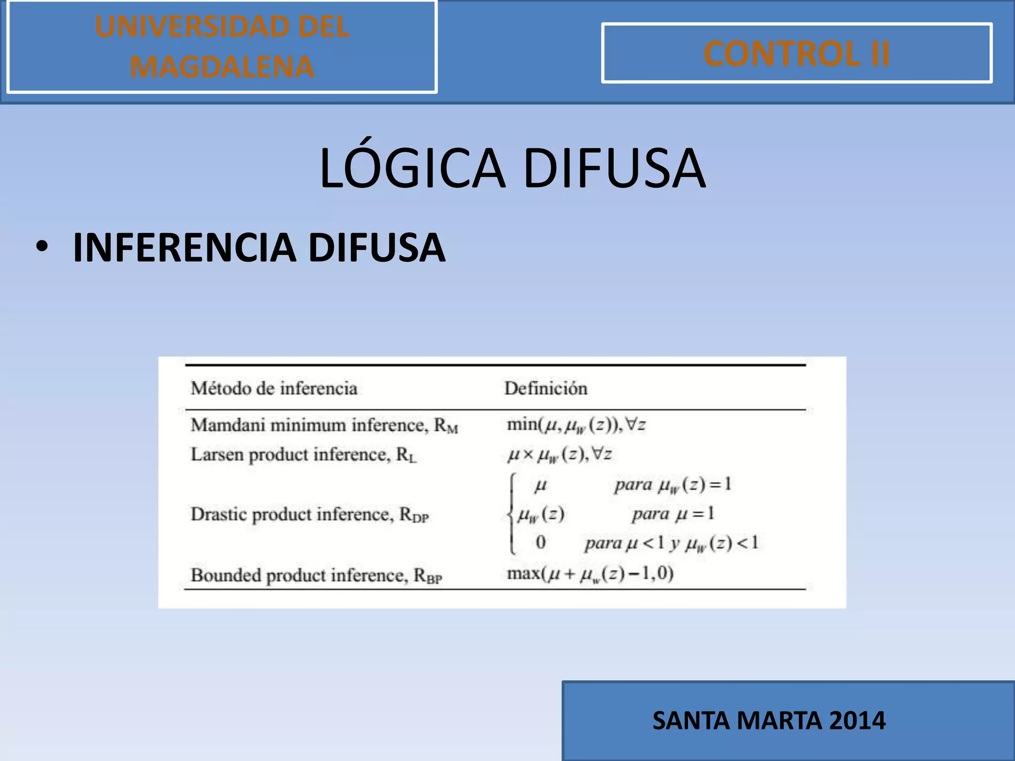 • INFERENCIA DIFUSA
UNIVERSIDAD DEL
MAGDALENA CONTROL II
SANTA MARTA 2014
LÓGICA DIFUSA
 