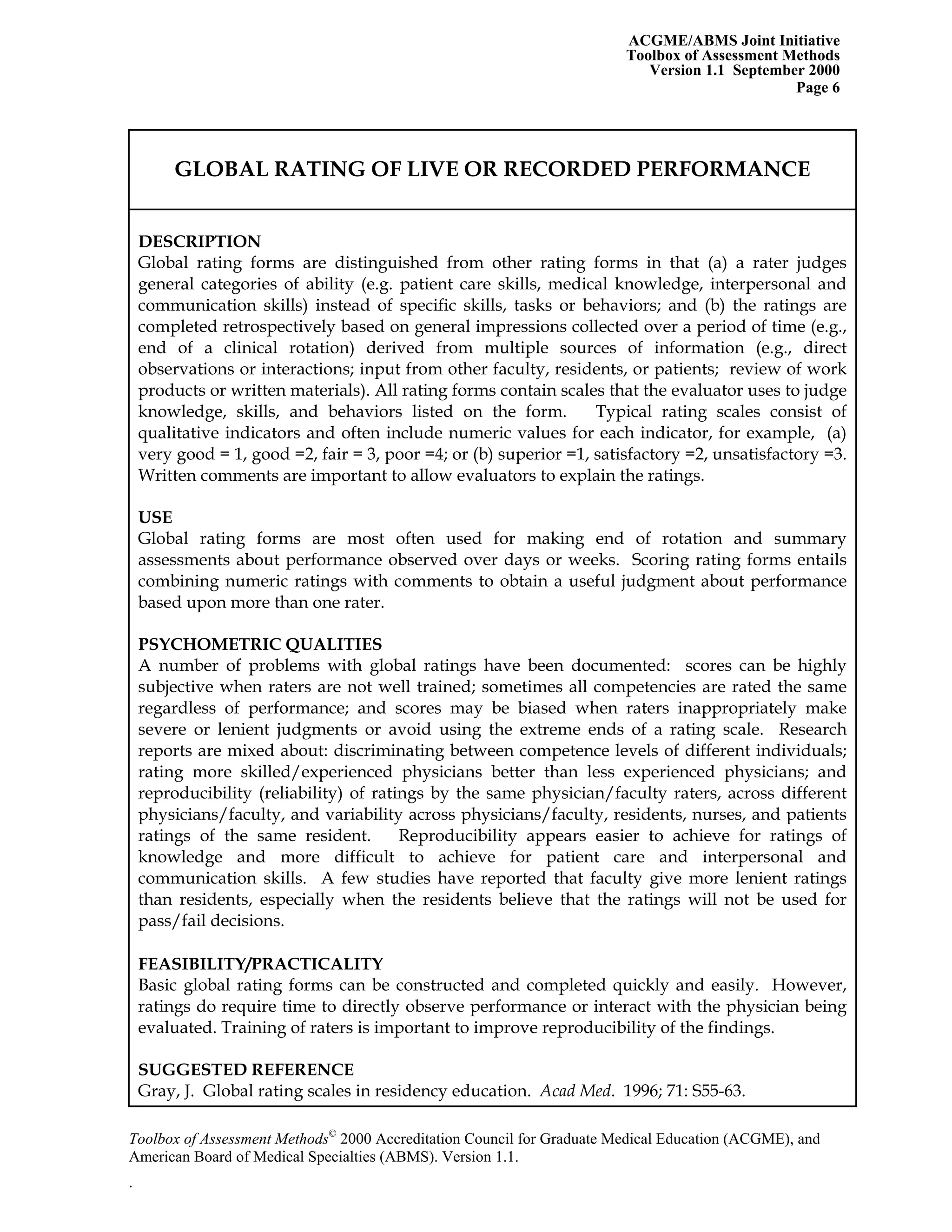 ACGME/ABMS Joint Initiative
Toolbox of Assessment Methods
Version 1.1 September 2000
Toolbox of Assessment Methods©
2000 Accreditation Council for Graduate Medical Education (ACGME), and
Page 6
GLOBAL RATING OF LIVE OR RECORDED PERFORMANCE
DESCRIPTION
Global rating forms are distinguished from other rating forms in that (a) a rater judges
general categories of ability (e.g. patient care skills, medical knowledge, interpersonal and
communication skills) instead of specific skills, tasks or behaviors; and (b) the ratings are
completed retrospectively based on general impressions collected over a period of time (e.g.,
end of a clinical rotation) derived from multiple sources of information (e.g., direct
observations or interactions; input from other faculty, residents, or patients; review of work
products or written materials). All rating forms contain scales that the evaluator uses to judge
knowledge, skills, and behaviors listed on the form. Typical rating scales consist of
qualitative indicators and often include numeric values for each indicator, for example, (a)
very good = 1, good =2, fair = 3, poor =4; or (b) superior =1, satisfactory =2, unsatisfactory =3.
Written comments are important to allow evaluators to explain the ratings.
USE
Global rating forms are most often used for making end of rotation and summary
assessments about performance observed over days or weeks. Scoring rating forms entails
combining numeric ratings with comments to obtain a useful judgment about performance
based upon more than one rater.
PSYCHOMETRIC QUALITIES
A number of problems with global ratings have been documented: scores can be highly
subjective when raters are not well trained; sometimes all competencies are rated the same
regardless of performance; and scores may be biased when raters inappropriately make
severe or lenient judgments or avoid using the extreme ends of a rating scale. Research
reports are mixed about: discriminating between competence levels of different individuals;
rating more skilled/experienced physicians better than less experienced physicians; and
reproducibility (reliability) of ratings by the same physician/faculty raters, across different
physicians/faculty, and variability across physicians/faculty, residents, nurses, and patients
ratings of the same resident. Reproducibility appears easier to achieve for ratings of
knowledge and more difficult to achieve for patient care and interpersonal and
communication skills. A few studies have reported that faculty give more lenient ratings
than residents, especially when the residents believe that the ratings will not be used for
pass/fail decisions.
FEASIBILITY/PRACTICALITY
Basic global rating forms can be constructed and completed quickly and easily. However,
ratings do require time to directly observe performance or interact with the physician being
evaluated. Training of raters is important to improve reproducibility of the findings.
SUGGESTED REFERENCE
Gray, J. Global rating scales in residency education. Acad Med. 1996; 71: S55-63.
American Board of Medical Specialties (ABMS). Version 1.1.
.
 