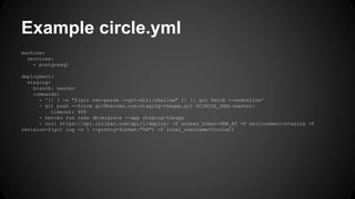 Example circle.yml 
machine: 
services: 
- postgresql 
deployment: 
staging: 
branch: master 
commands: 
- '[[ ! -s "$(git rev-parse --git-dir)/shallow" ]] || git fetch --unshallow' 
- git push --force git@heroku.com:staging-theapp.git $CIRCLE_SHA1:master: 
timeout: 900 
- heroku run rake db:migrate --app staging-theapp 
- curl https://api.rollbar.com/api/1/deploy/ -F access_token=$RB_AT -F environment=staging -F 
revision=$(git log -n 1 --pretty=format:"%H") -F local_username=CircleCI 
 