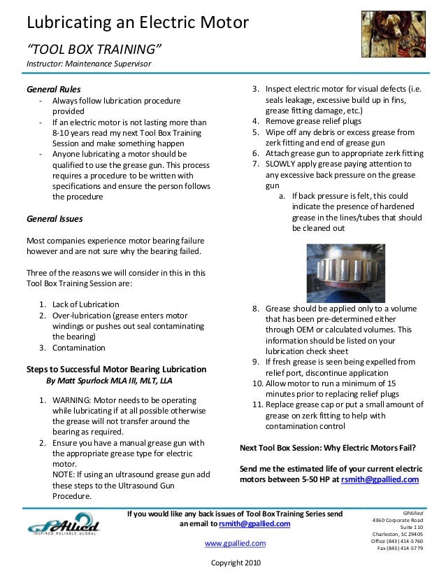 Tool Box Talk Lubricating an Electric Motor