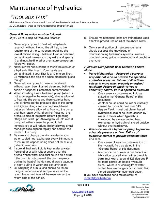 Tool Box Talk Maintenance of Hydraulic Systems