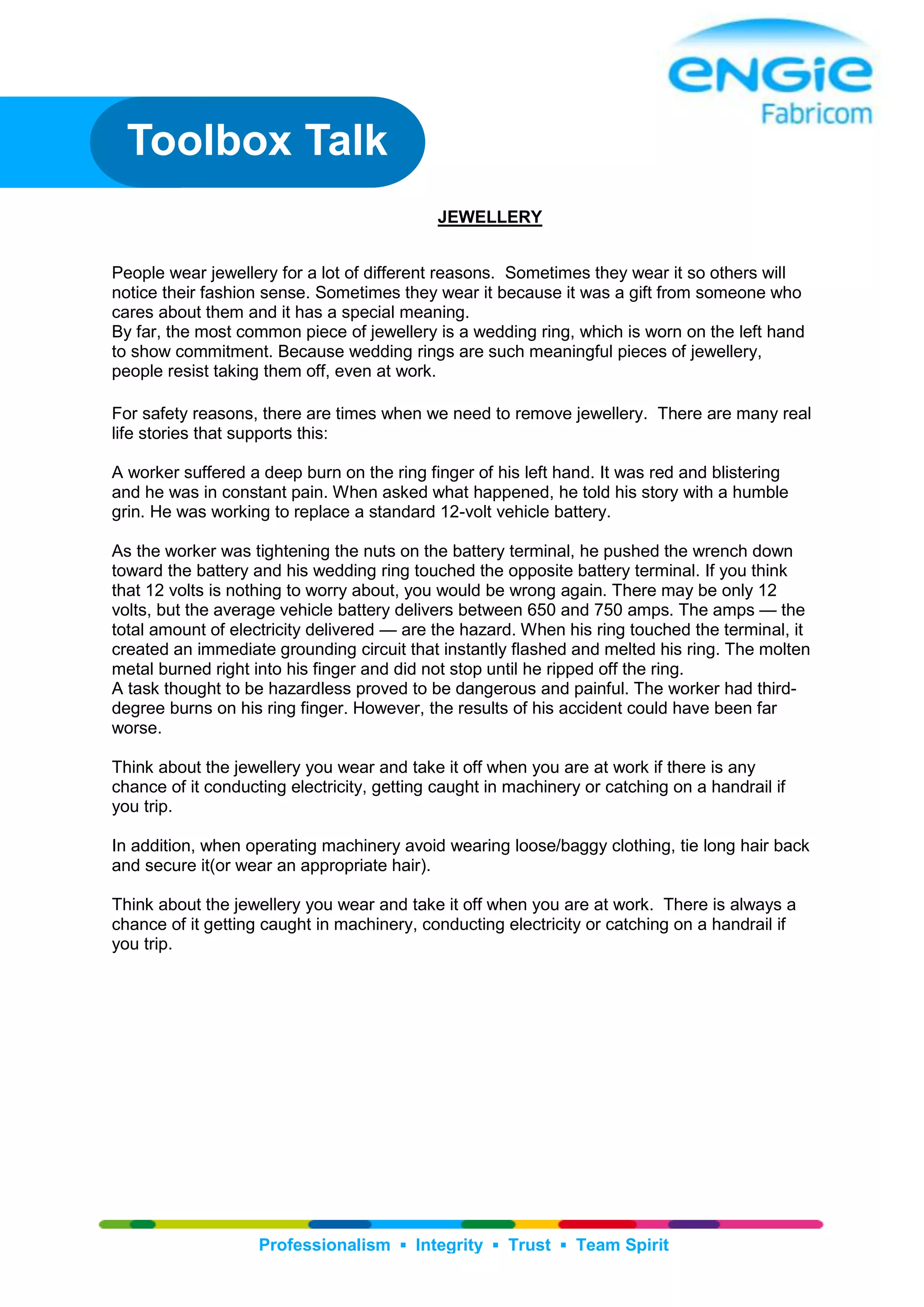 Toolbox talk jewellery PDF