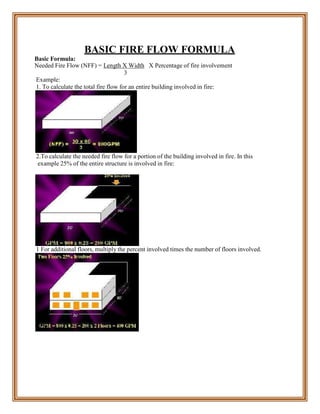 Basic Formula:
BASIC FIRE FLOW FORMULA
Needed Fire Flow (NFF) = Length X Width X Percentage of fire involvement
3
Example:
1. To calculate the total fire flow for an entire building involved in fire:
2.To calculate the needed fire flow for a portion of the building involved in fire. In this
example 25% of the entire structure is involved in fire:
1 For additional floors, multiply the percent involved times the number of floors involved.
 