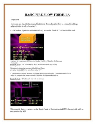 BASIC FIRE FLOW FORMULA
Exposures
Exposures are classified as internal (additional floors above the fire) or external (buildings
adjacent to the involved structure).
1. For internal exposures (additional floors), a constant factor of 25% is added for each
exposure (to a maximum of 5 floors) to Needed Fire Flow. Therefore the Exposure
Formula is:
Length X Width+ 25% for each floor above the fire (maximum of 5 floors)
3
This example shows the exposure of 2 additional floors
above the fire (add 25% for each floor) to the NFF
2. For External Exposures (building adjacent to the involved structure), a constant factor of 25% is
added for each side that has an exposure. Therefore the Exposure Formula is:
Length X Width + 25% for each side with an exposure
3
This example shows exposures on the B and C side of the structure (add 25% for each side with an
exposure) to the NFF
 