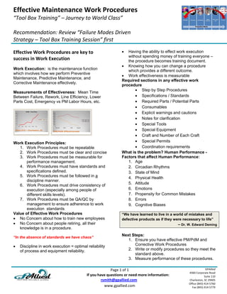 Effective Maintenance Work Procedures 
“Tool Box Training” – Journey to World Class” 
 
Recommendation: Review “Failure Modes Driven 
Strategy – Tool Box Training Session” first 
 
Effective Work Procedures are key to                                     Having the ability to effect work execution
                                                                          without spending money of training everyone –
success in Work Execution                                                 the procedure becomes training document.
                                                                        Knowing how you can change a procedure
Work Execution: is the maintenance function                               which provides a different outcome.
which involves how we perform Preventive
                                                                        Work effectiveness is measurable
Maintenance, Predictive Maintenance, and
                                                                       Required sections in any effective work
Corrective Maintenance effectively.
                                                                       procedure
                                                                               Step by Step Procedures
Measurements of Effectiveness: Mean Time
Between Failure, Rework, Line Efficiency, Lower                                Specifications / Standards
Parts Cost, Emergency vs PM Labor Hours, etc.                                  Required Parts / Potential Parts
                                                                               Consumables
                                                                               Explicit warnings and cautions
                                                                               Notes for clarification
                                                                               Special Tools
                                                                               Special Equipment
                                                                               Craft and Number of Each Craft
Work Execution Principles:                                                     Special Permits
   1. Work Procedures must be repeatable                                       Coordination requirements
   2. Work Procedures must be clear and concise                        What is the problem? Human Performance -
   3. Work Procedures must be measurable for                           Factors that affect Human Performance:
       performance management.                                            1. Age
   4. Work Procedures must have standards and                             2. Circadian Rhythms
       specifications defined.                                            3. State of Mind
   5. Work Procedures must be followed in a                               4. Physical Health
       discipline manner.
                                                                          5. Attitude
   6. Work Procedures must drive consistency of
       execution (especially among people of                              6. Emotions
       different skills levels).                                          7. Propensity for Common Mistakes
   7. Work Procedures must be QA/QC by                                    8. Errors
       management to ensure adherence to work                             9. Cognitive Biases
       execution standards
Value of Effective Work Procedures                                     “We have learned to live in a world of mistakes and
 No Concern about how to train new employees                          defective products as if they were necessary to life”
 No Concern about people retiring, all their                                                               – Dr. W. Edward Deming
   knowledge is in a procedure.
                                                                       Next Steps:
“In the absence of standards we have chaos”
                                                                          1. Ensure you have effective PM/PdM and
   Discipline in work execution = optimal reliability                       Corrective Work Procedures
    of process and equipment reliability.                                 2. Write or modify procedures so they meet the
                                                                             standard above.
                                                                          3. Measure performance of these procedures.

                                                                             Page 1 of 1                                        GPAllied
                                                                                                                  4360 Corporate Road 
                                                         If you have questions or need more information:                       Suite 110 
                                                                        rsmith@gpallied.com                       Charleston, SC 29405 
                                                                                                                  Office (843) 414‐5760 
                                                                          www.gpallied.com                          Fax (843) 414‐5779 
 
 