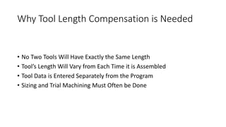 Why Tool Length Compensation is Needed
• No Two Tools Will Have Exactly the Same Length
• Tool’s Length Will Vary from Each Time it is Assembled
• Tool Data is Entered Separately from the Program
• Sizing and Trial Machining Must Often be Done
 