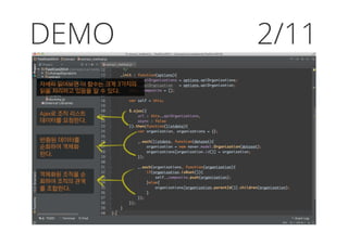 DEMO
자세히 읽어보면 이 함수는 크게 3가지의
읽을 처리하고 있음을 알 수 있다.
Ajax로 조직 리스트
데이터를 요청한다.
반환된 데이터를
순회하여 객체화
한다.
객체화된 조직을 순
회하여 조직의 관계
를 조합한다.
2/11
 