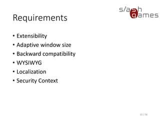Requirements
• Extensibility
• Adaptive window size
• Backward compatibility
• WYSIWYG
• Localization
• Security Context
10 / 58
 