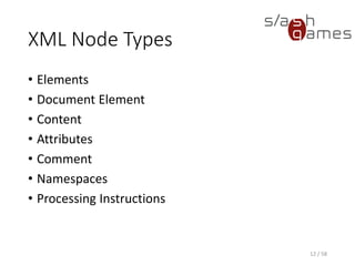 XML Elements
• Main parts of XML documents
• Boundaries defined by start and end tags
• Consist of name, attributes and content
• Can be nested
• Root element is called document element
• Always exactly one document element
12 / 58
<graph id="G" edgedefault="undirected">
<node id="n0"/>
<node id="n1"/>
<edge source="n0" target="n1"/>
</graph>
 