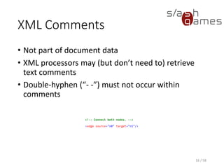 XML Namespaces
• Used for distinguishing nodes with same names
• Bound to an URI by the xmlns attribute
16 / 58
<?xml version="1.0" encoding="UTF-8"?>
<graphml xmlns="http://graphml.graphdrawing.org/xmlns">
<graph id="G" edgedefault="undirected">
<node id="n0"/>
<node id="n1"/>
<edge source="n0" target="n1"/>
</graph>
</graphml>
 