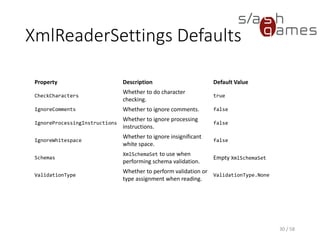 Working with XmlReader
• Current node refers to the node on which the
reader is positioned
• Move through the data and read the contents of a
node
• Reader is advanced using any of the Read methods
30 / 58
 