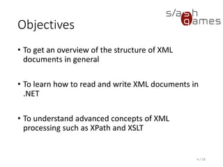 XML Fundamentals
• Short for Extensible Markup Language
• Logical structuring of data
• Domain-specific languages
• Content-oriented markup (in contrast to HTML)
• Self-descriptive structure
• Tags
• XML Schema
• Structural variations (e.g. variable child node count)
4 / 58
 