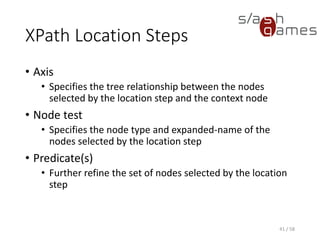 XPath Axes
Axis
Ancestor Selects all ancestors (parent, grandparent, etc.) of the current
node.
Ancestor-or-self Selects all ancestors (parent, grandparent, etc.) of the current
node and the current node itself.
Attribute Selects all attributes of the current node.
Child Selects all children of the current node.
Descendant Selects all descendants (children, grandchildren, etc.) of the
current node.
Descendant-or-self Selects all descendants (children, grandchildren, etc.) of the
current node and the current node itself.
41 / 58
 