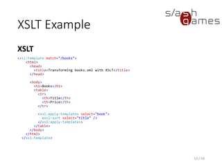 XSLT Example
XSLT
53 / 58
<xsl:template match="book">
<tr>
<td>
<xsl:value-of select="title"/>
</td>
<td>
<xsl:value-of select="price"/>
</td>
</tr>
</xsl:template>
 