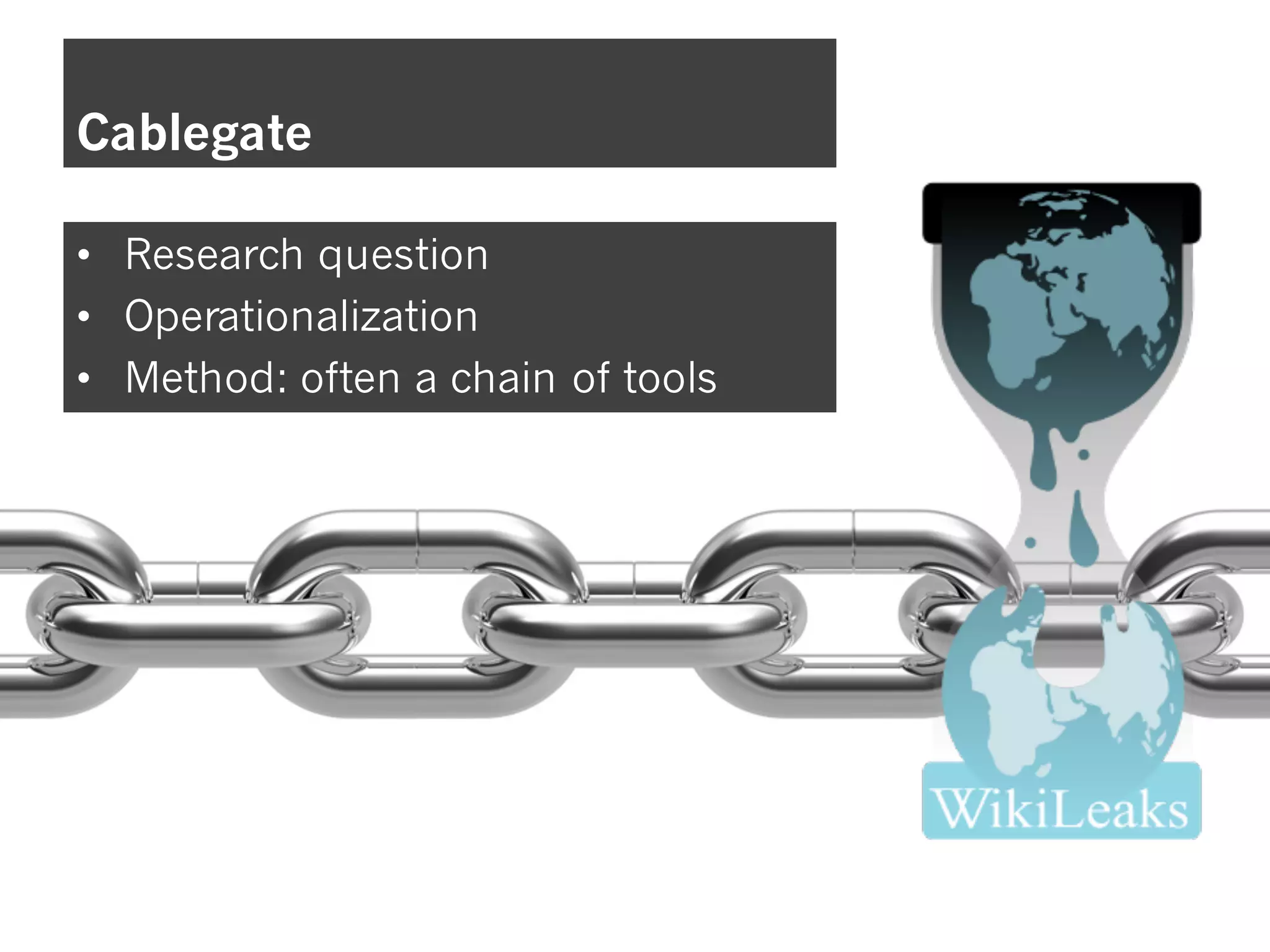 Cablegate
• Research question
• Operationalization
• Method: often a chain of tools
 