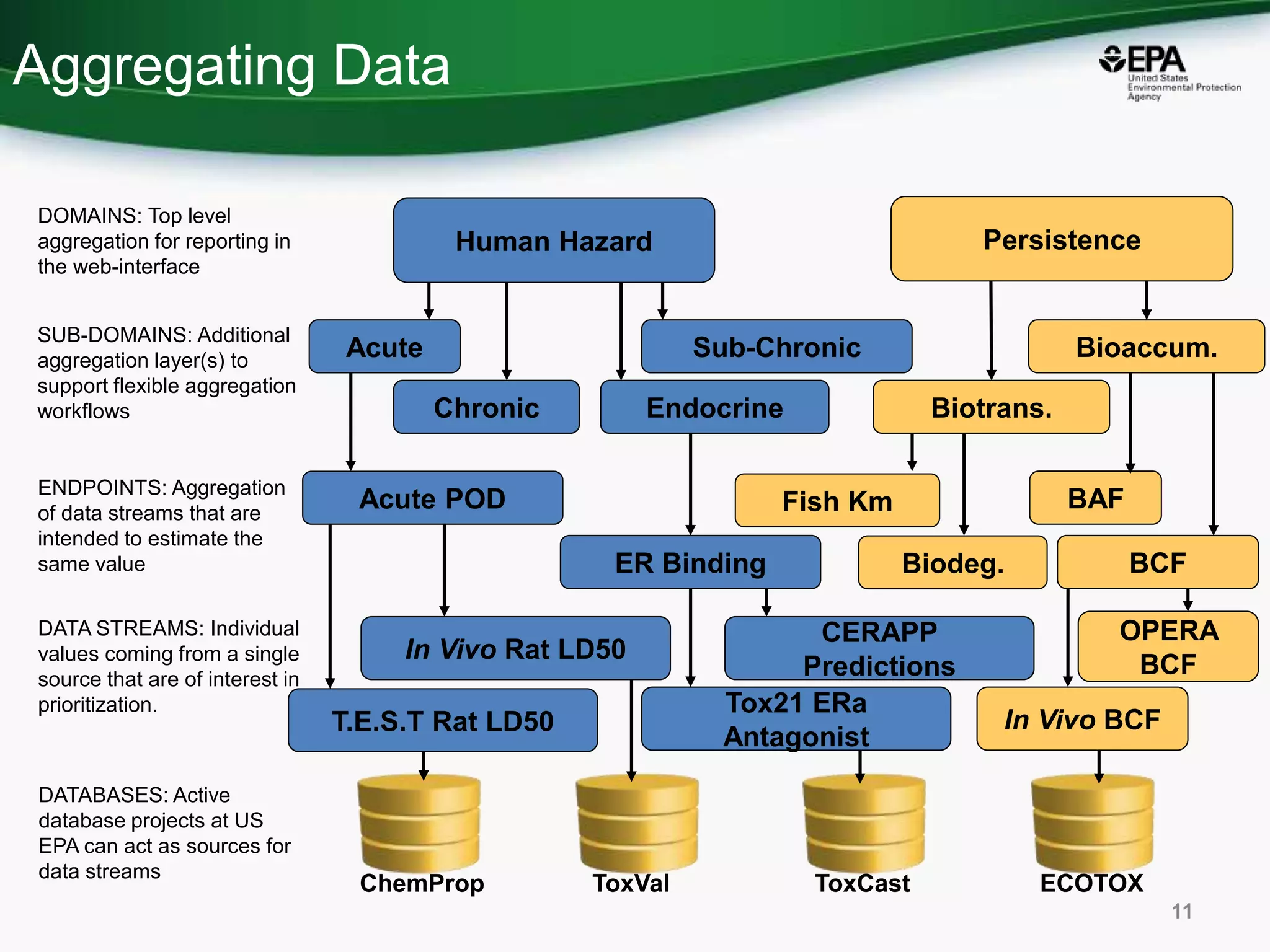Aggregating Data
11
DOMAINS: Top level
aggregation for reporting in
the web-interface
SUB-DOMAINS: Additional
aggregation layer(s) to
support flexible aggregation
workflows
ENDPOINTS: Aggregation
of data streams that are
intended to estimate the
same value
DATA STREAMS: Individual
values coming from a single
source that are of interest in
prioritization.
DATABASES: Active
database projects at US
EPA can act as sources for
data streams
Human Hazard Persistence
Acute
Chronic
Sub-Chronic
Endocrine Biotrans.
Bioaccum.
BAF
BCF
Fish Km
Biodeg.
Acute POD
ER Binding
In Vivo Rat LD50
T.E.S.T Rat LD50
Tox21 ERa
Antagonist
CERAPP
Predictions
In Vivo BCF
OPERA
BCF
ChemProp ToxVal ToxCast ECOTOX
 