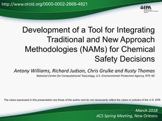 Development of a Tool for Integrating
Traditional and New Approach
Methodologies (NAMs) for Chemical
Safety Decisions
Antony Williams, Richard Judson, Chris Grulke and Rusty Thomas
National Center for Computational Toxicology, U.S. Environmental Protection Agency, RTP, NC
March 2018
ACS Spring Meeting, New Orleans
http://www.orcid.org/0000-0002-2668-4821
The views expressed in this presentation are those of the author and do not necessarily reflect the views or policies of the U.S. EPA
 