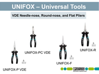 UNIFOX – Universal Tools
VDE Needle-nose, Round-nose, and Flat Pliers
UNIFOX-P VDE
UNIFOX-F
UNIFOX-R
UNIFOX-PC VDE
 