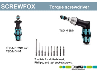 TSD-M 1,2NM and
TSD-M 3NM
Tool bits for slotted-head,
Phillips, and test socket screws.
TSD-M 6NM
SCREWFOX Torque screwdriver
 